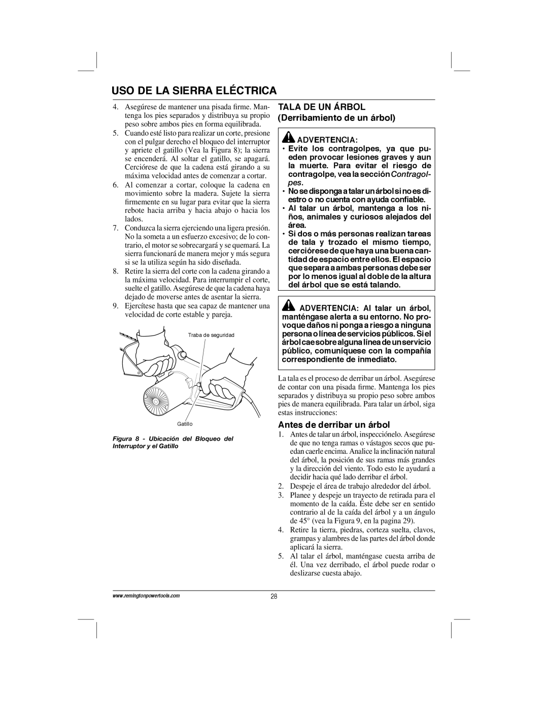 Remington Power Tools ES1512US Tala DE UN Árbol Derribamiento de un árbol, Antes de derribar un árbol, Advertencia 