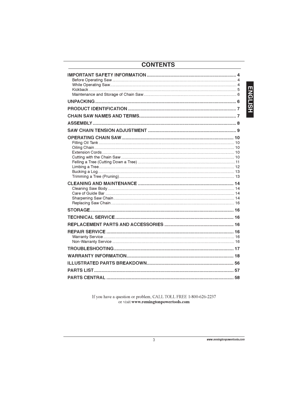 Remington Power Tools 100089-06A, ES1512US, ES1514US, ES1514AS owner manual Contents, English 