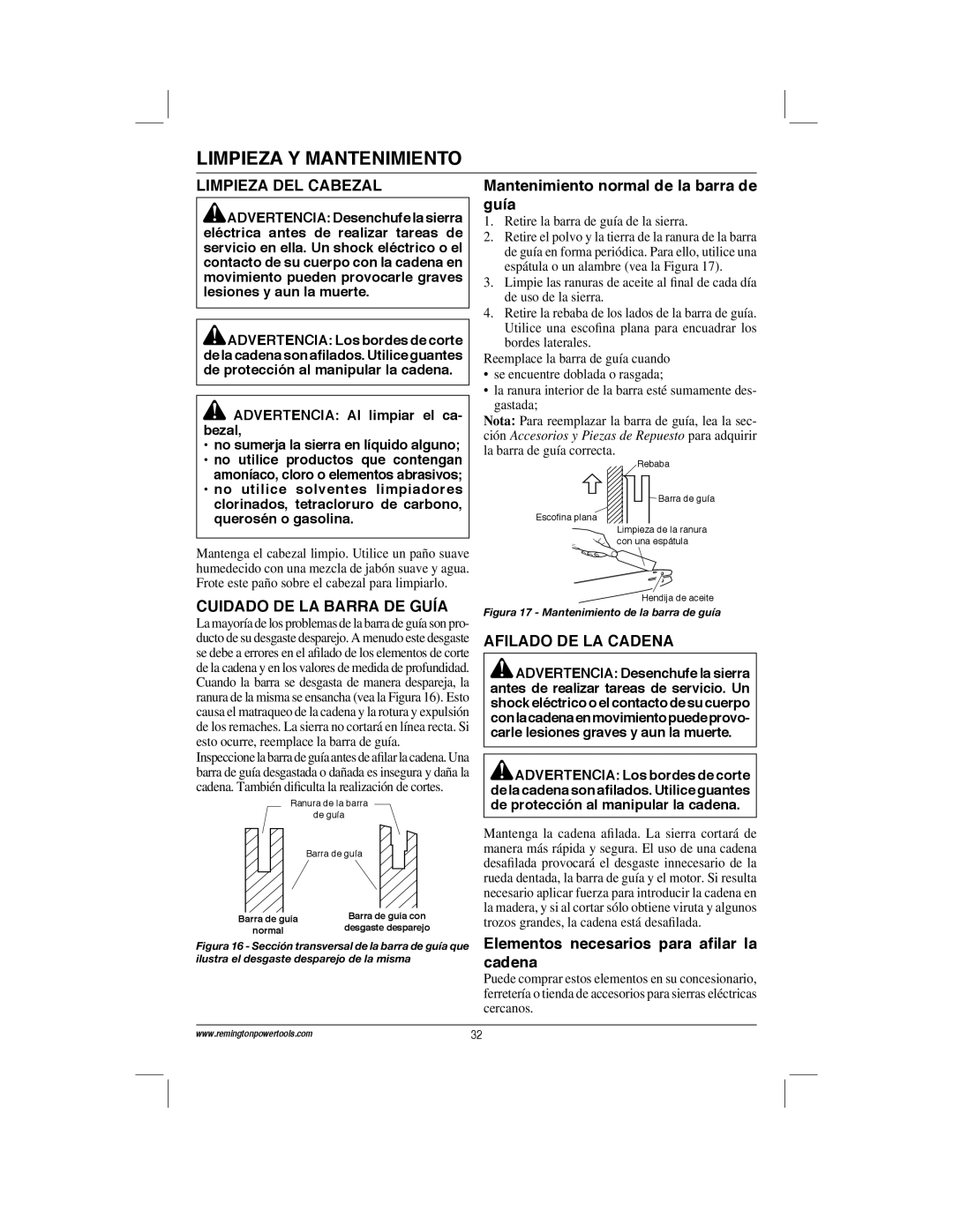 Remington Power Tools ES1512US, ES1514US Limpieza Y Mantenimiento, Limpieza DEL Cabezal, Cuidado DE LA Barra DE Guía 