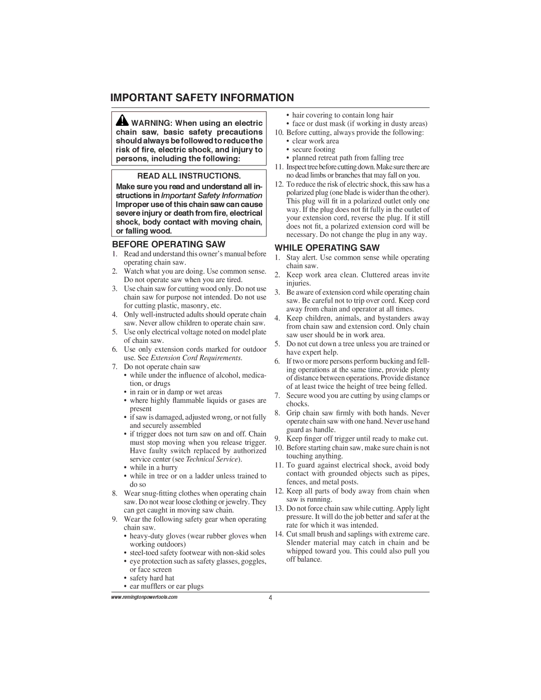 Remington Power Tools ES1512US, ES1514US, ES1514AS Important Safety Information, Before Operating SAW, While Operating SAW 