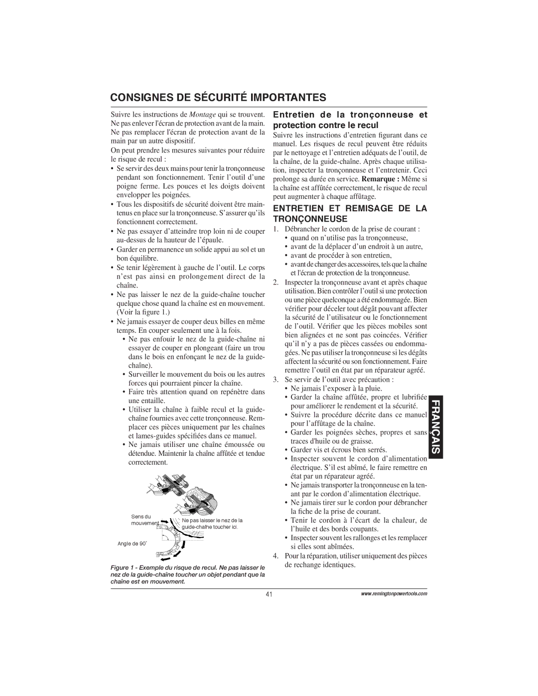 Remington Power Tools ES1514US, ES1512US, ES1514AS, 100089-06A Entretien de la tronçonneuse et protection contre le recul 