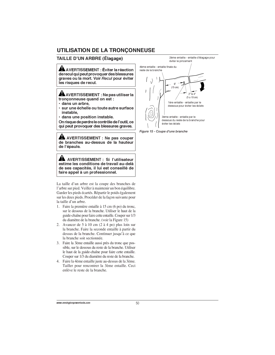 Remington Power Tools ES1514AS, ES1512US, ES1514US, 100089-06A owner manual Taille D’UN Arbre Élagage, Coupe dune branche 