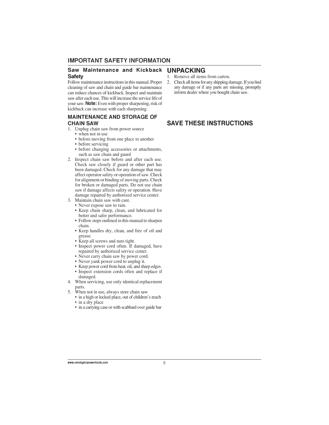 Remington Power Tools ES1514AS, ES1512US Unpacking, Saw Maintenance and Kickback Safety, Maintenance and Storage Chain SAW 