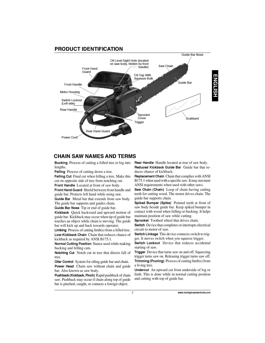 Remington Power Tools 100089-06A, ES1512US, ES1514US, ES1514AS owner manual Product Identification, Chain SAW Names and Terms 