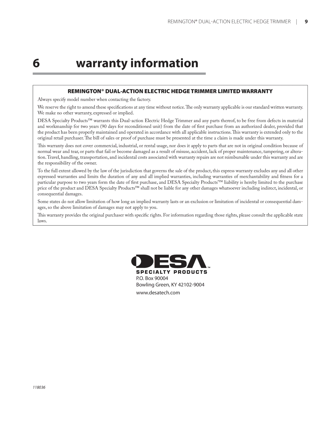 Remington Power Tools HT3218A, HT4022A owner manual Warranty information 