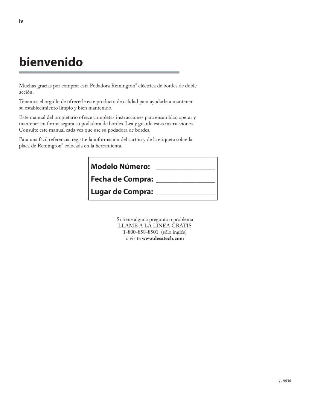 Remington Power Tools HT3218A, HT4022A owner manual Bienvenido, Modelo Número Fecha de Compra Lugar de Compra 