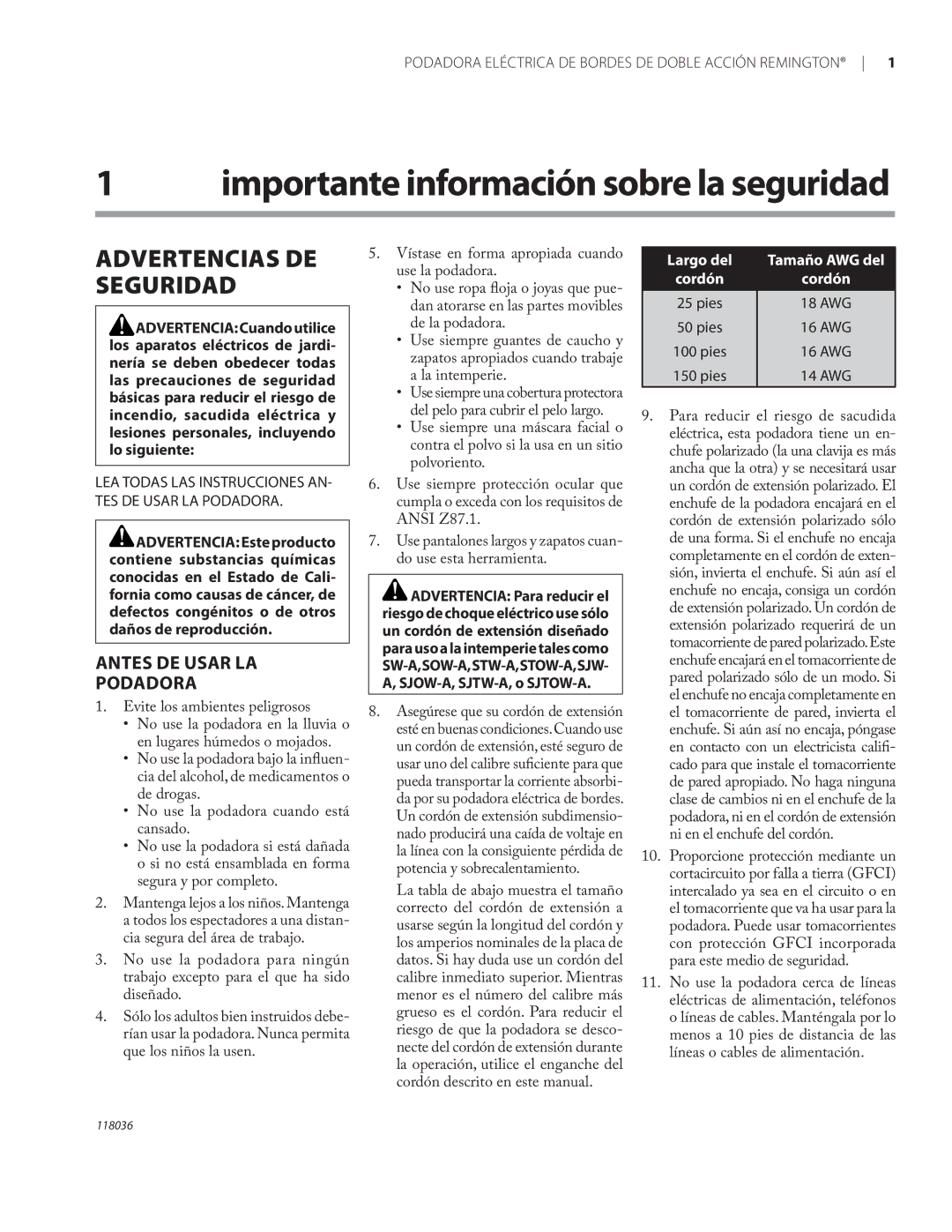 Remington Power Tools HT3218A, HT4022A owner manual Importante información sobre la seguridad, Antes DE Usar LA Podadora 