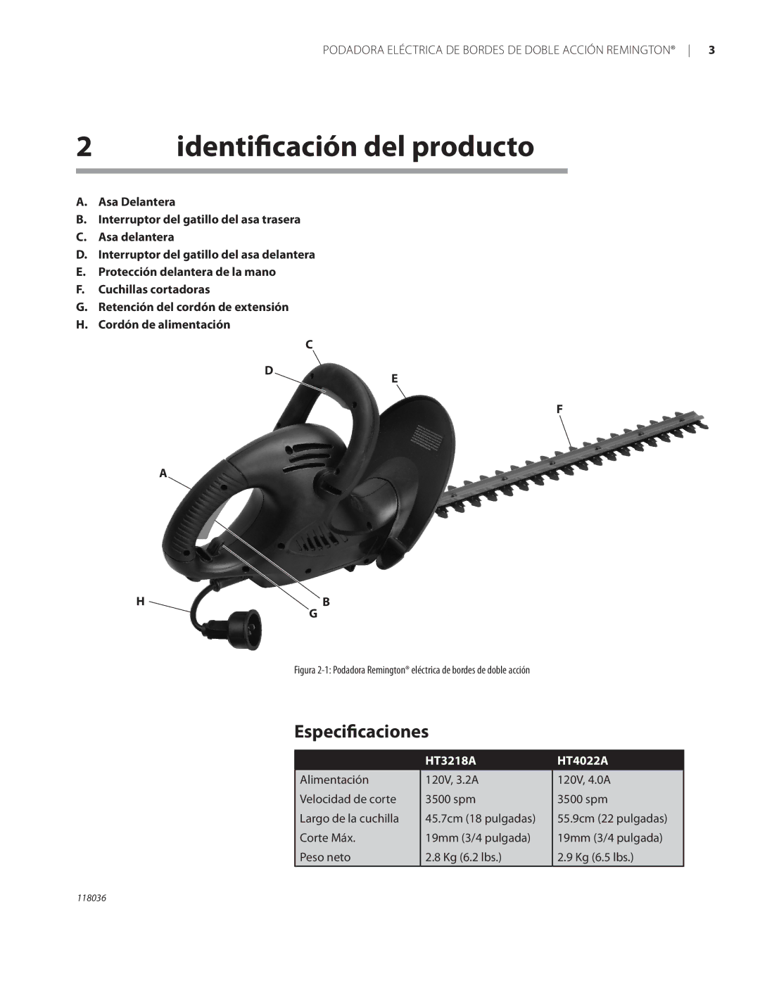 Remington Power Tools HT3218A, HT4022A owner manual Identiﬁcación del producto, Especiﬁcaciones 