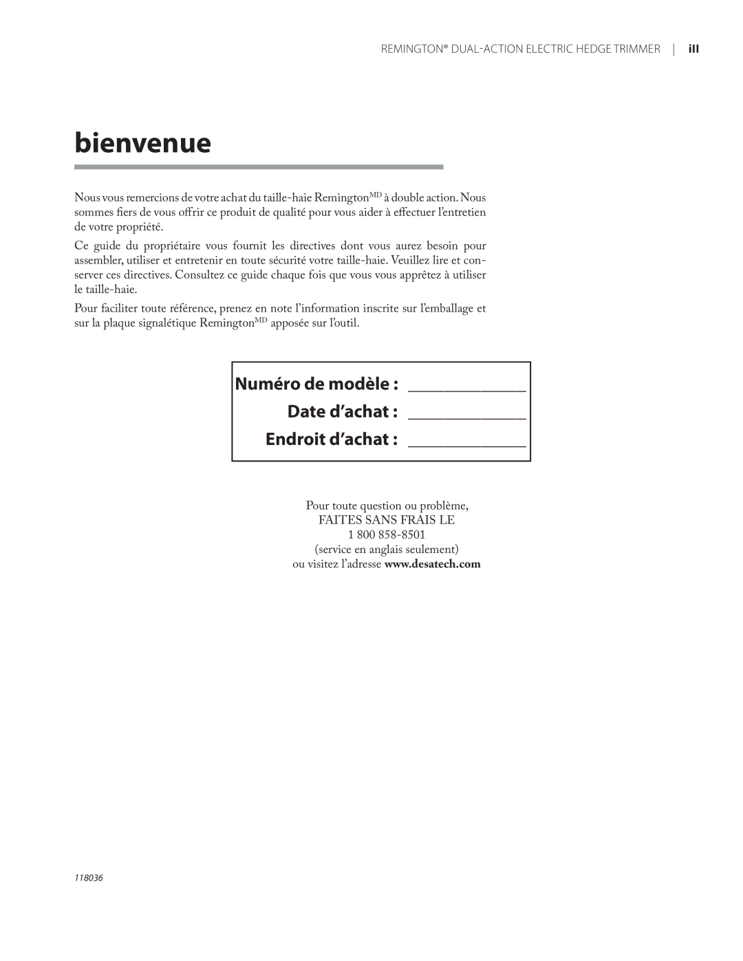 Remington Power Tools HT3218A, HT4022A owner manual Bienvenue, Numéro de modèle Date d’achat Endroit d’achat 