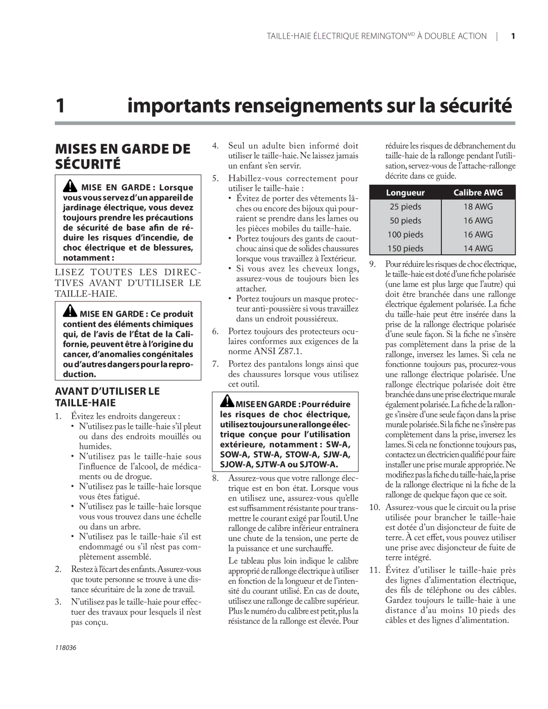 Remington Power Tools HT3218A, HT4022A Importants renseignements sur la sécurité, Avant D’UTILISER LE TAILLE-HAIE 