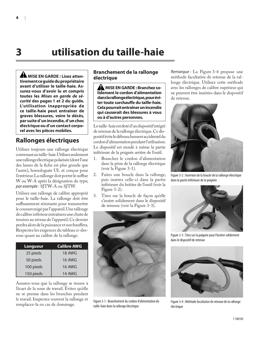 Remington Power Tools HT3218A, HT4022A owner manual Utilisation du taille-haie, Rallonges électriques 