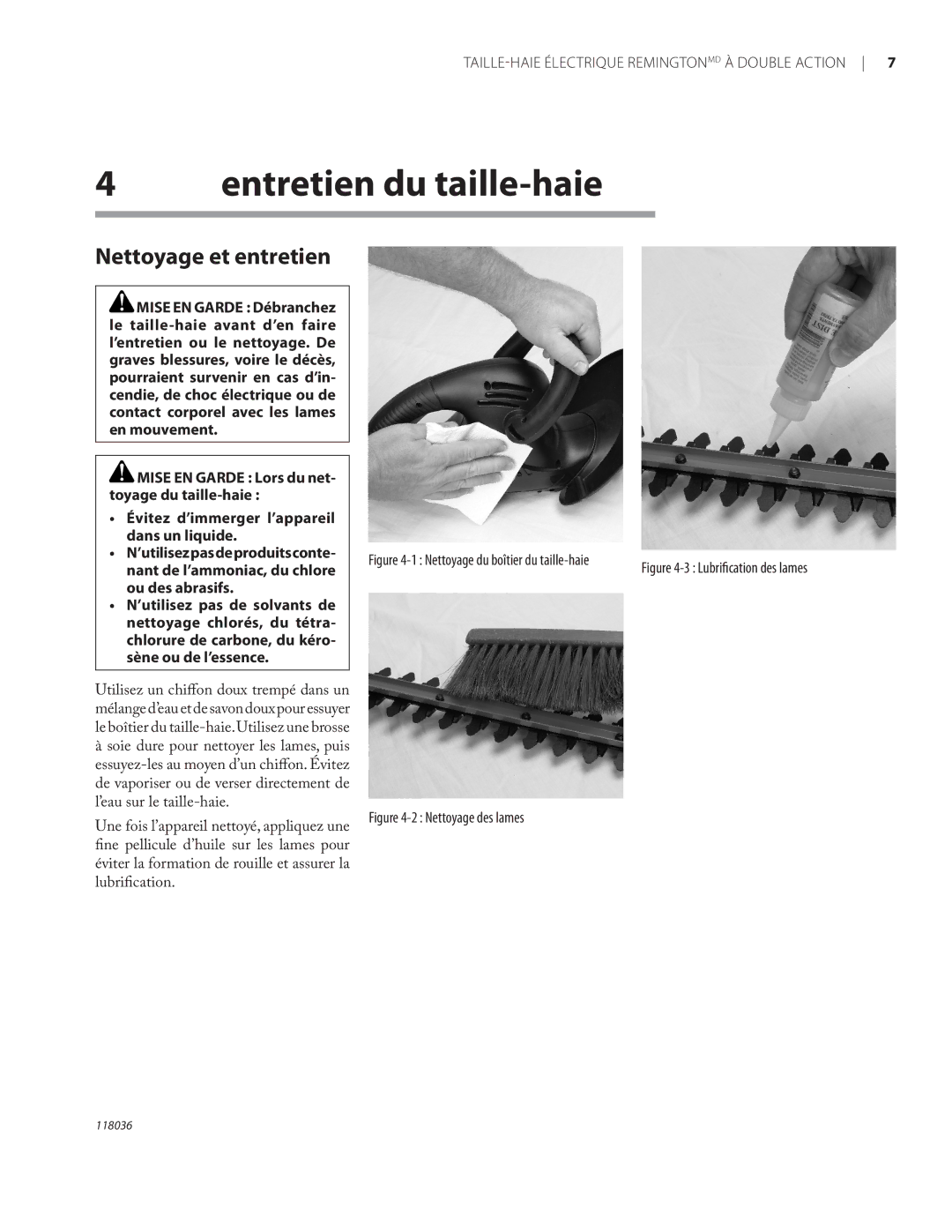 Remington Power Tools HT3218A, HT4022A owner manual Entretien du taille-haie, Nettoyage et entretien 