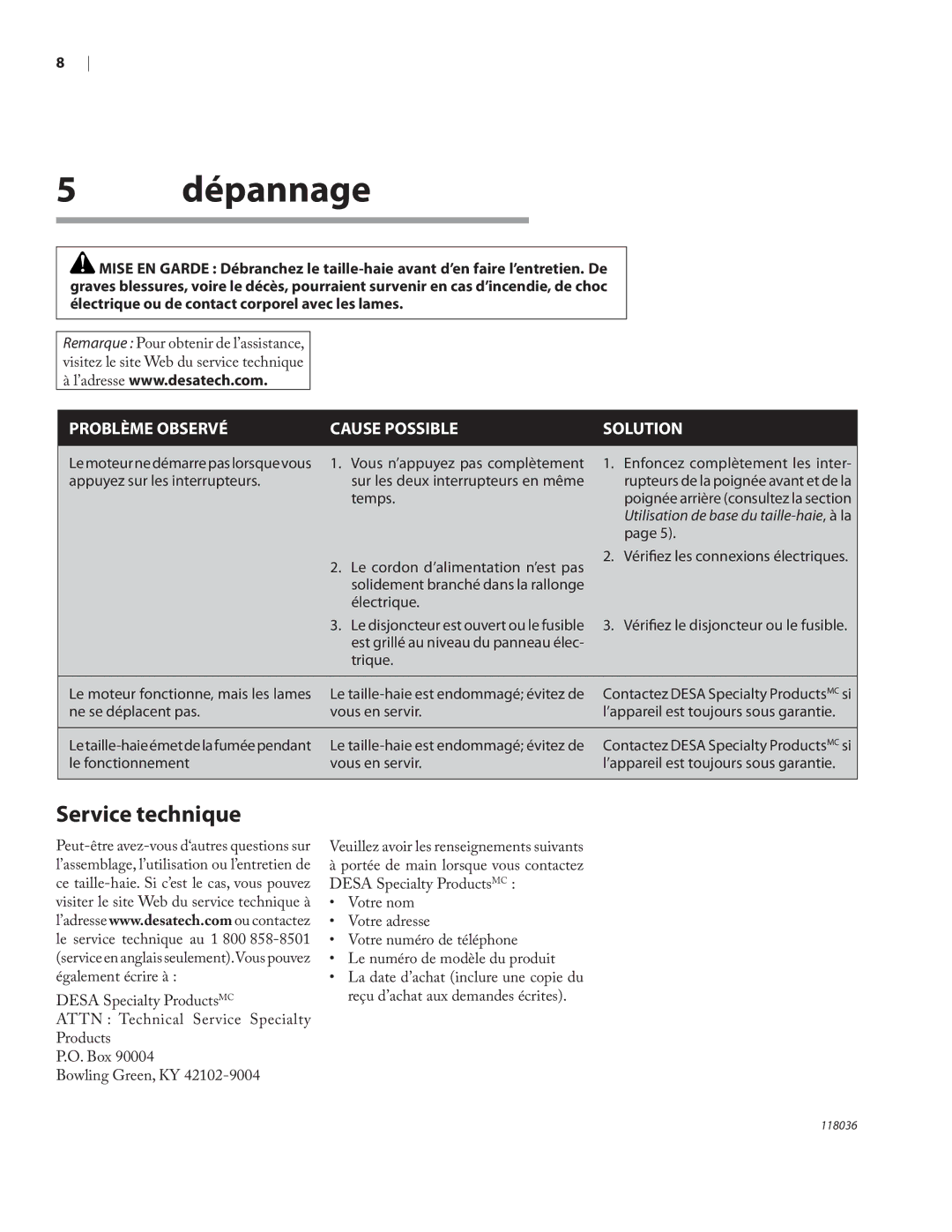 Remington Power Tools HT3218A, HT4022A owner manual Dépannage, Service technique 