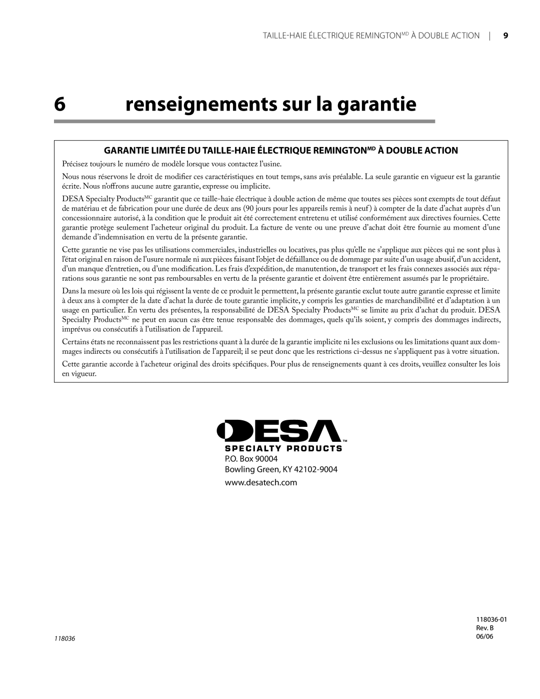 Remington Power Tools HT3218A, HT4022A owner manual Renseignements sur la garantie 