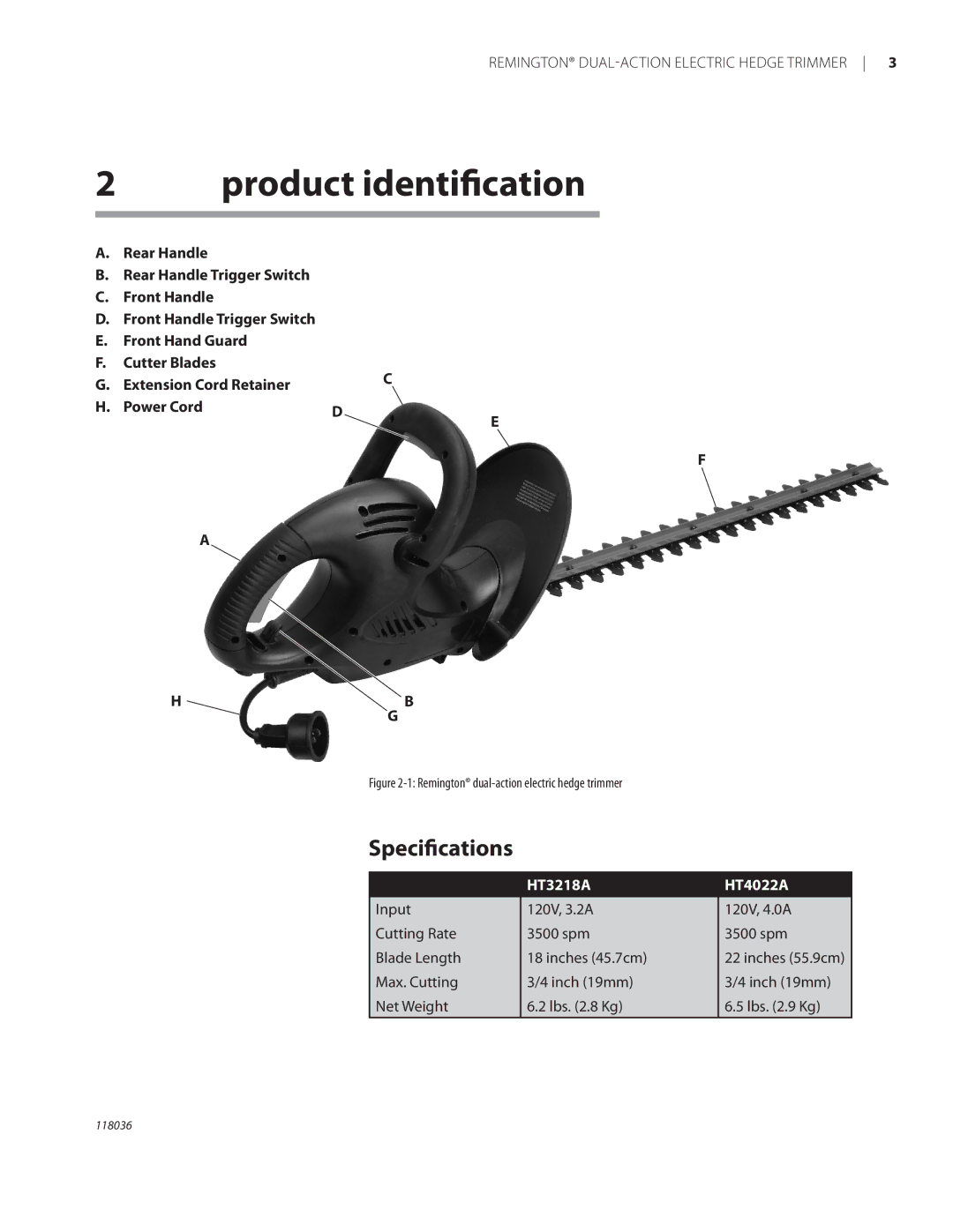 Remington Power Tools HT3218A, HT4022A owner manual Product identiﬁcation, Speciﬁcations 