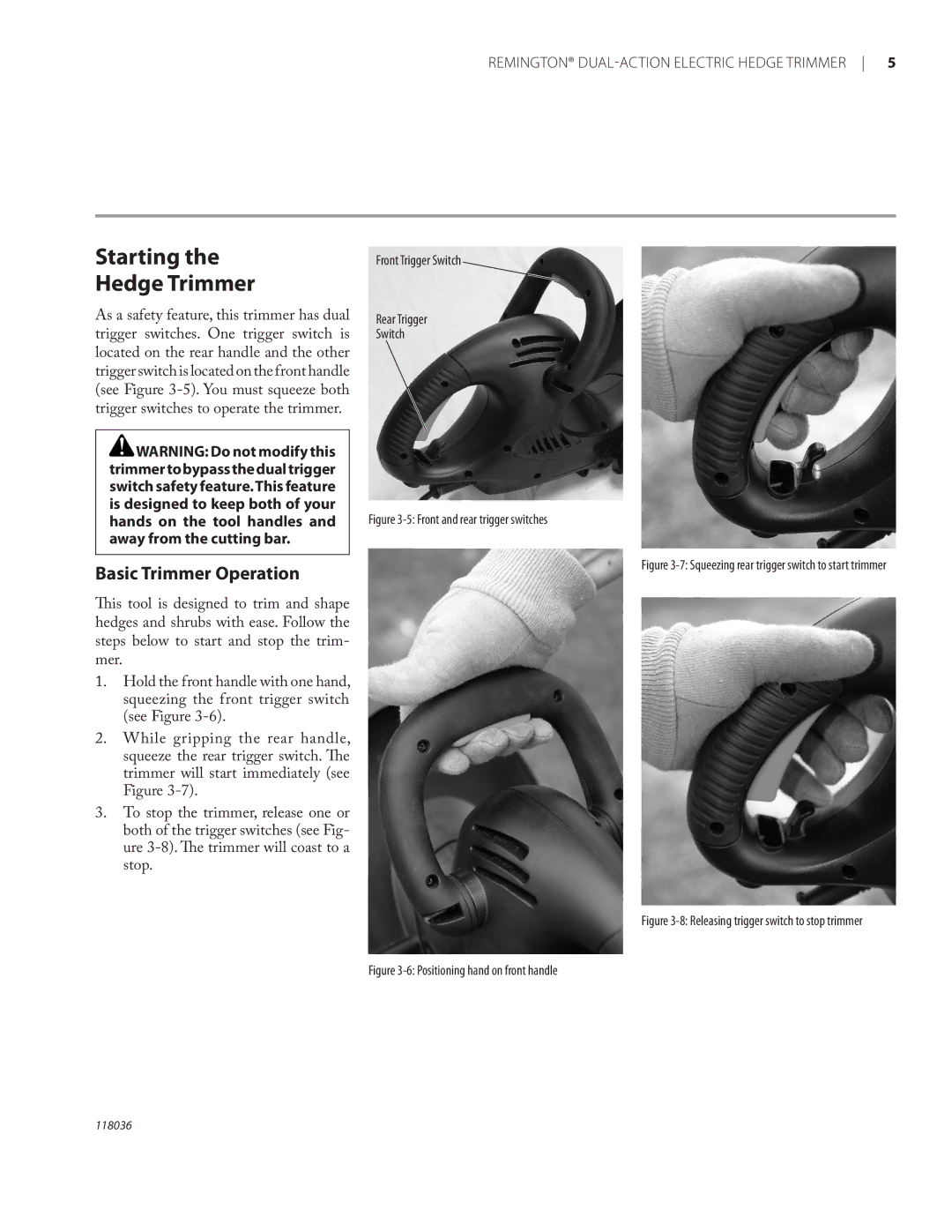 Remington Power Tools HT3218A, HT4022A owner manual Starting Hedge Trimmer, Basic Trimmer Operation 