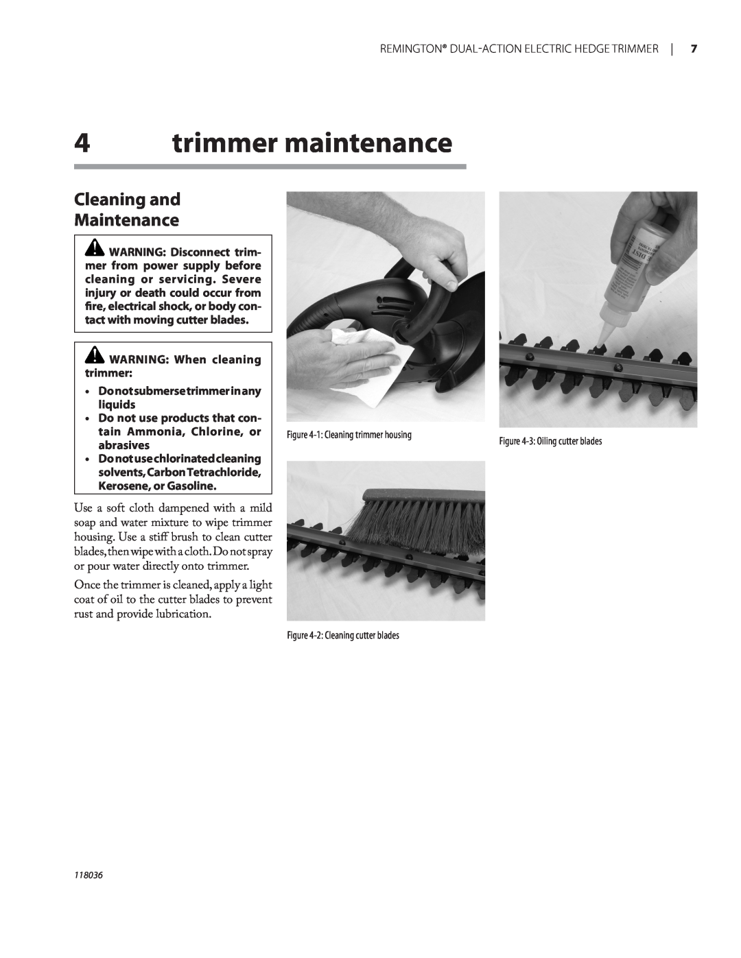 Remington Power Tools HT3218A, HT4022A trimmer maintenance, Cleaning and Maintenance, WARNING: When cleaning trimmer 