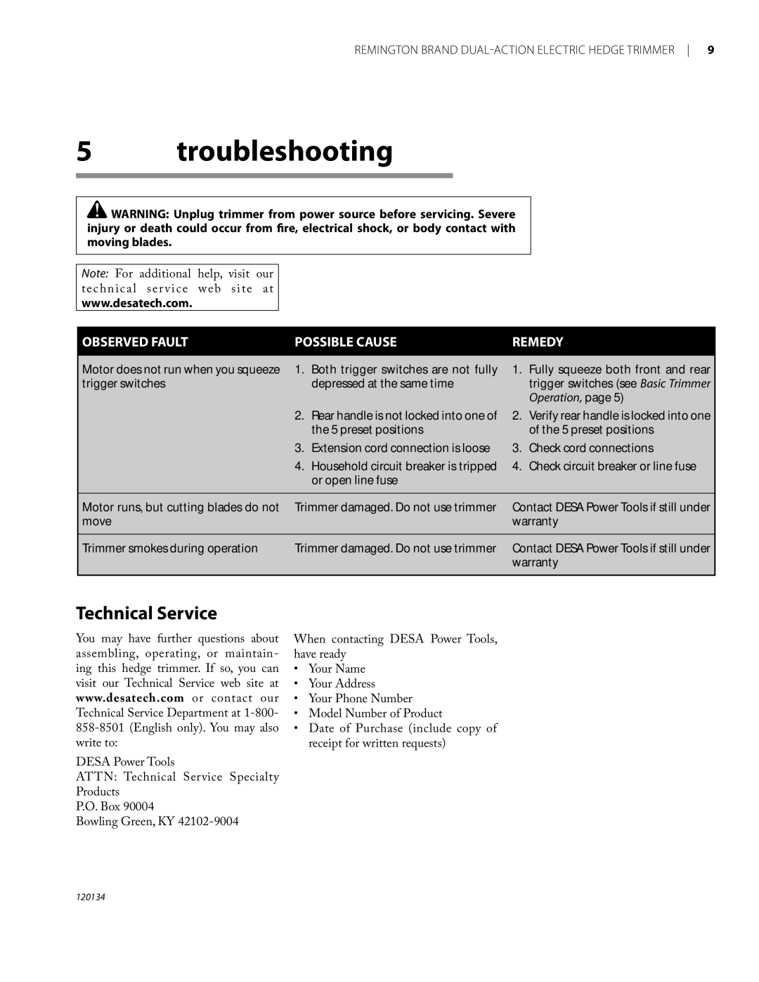 Remington Power Tools HT5024PHT owner manual Troubleshooting, Technical Service 