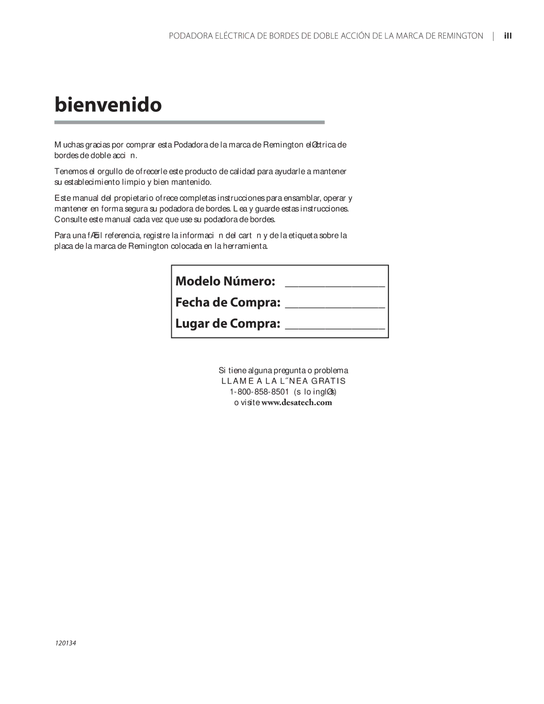 Remington Power Tools HT5024PHT owner manual Bienvenido, Modelo Número Fecha de Compra Lugar de Compra 