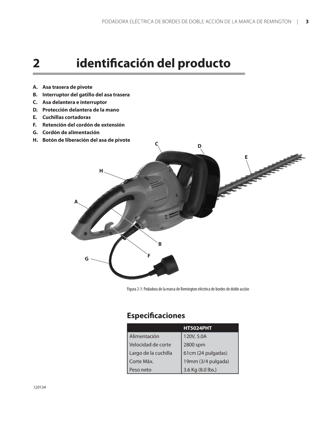 Remington Power Tools HT5024PHT owner manual Identificación del producto, Especificaciones 