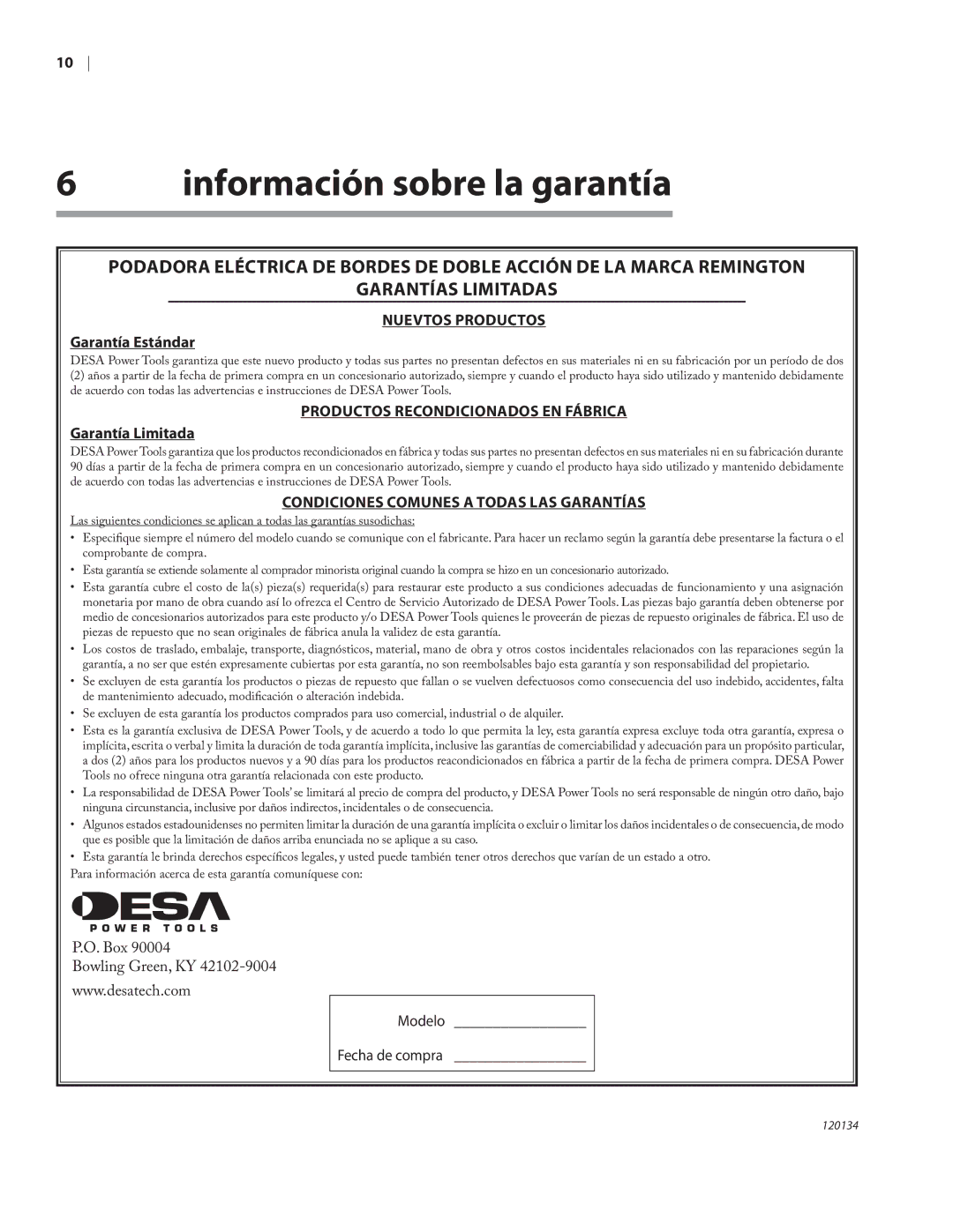 Remington Power Tools HT5024PHT owner manual Información sobre la garantía, NUEVtOS Productos Garantía Estándar 