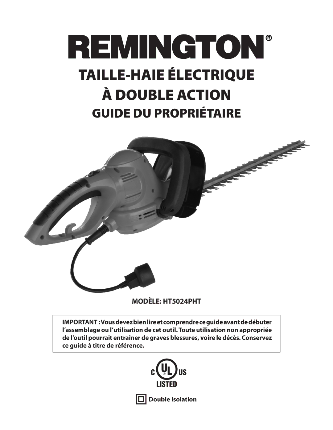 Remington Power Tools HT5024PHT owner manual TAILLE-HAIE Électrique Double Action 