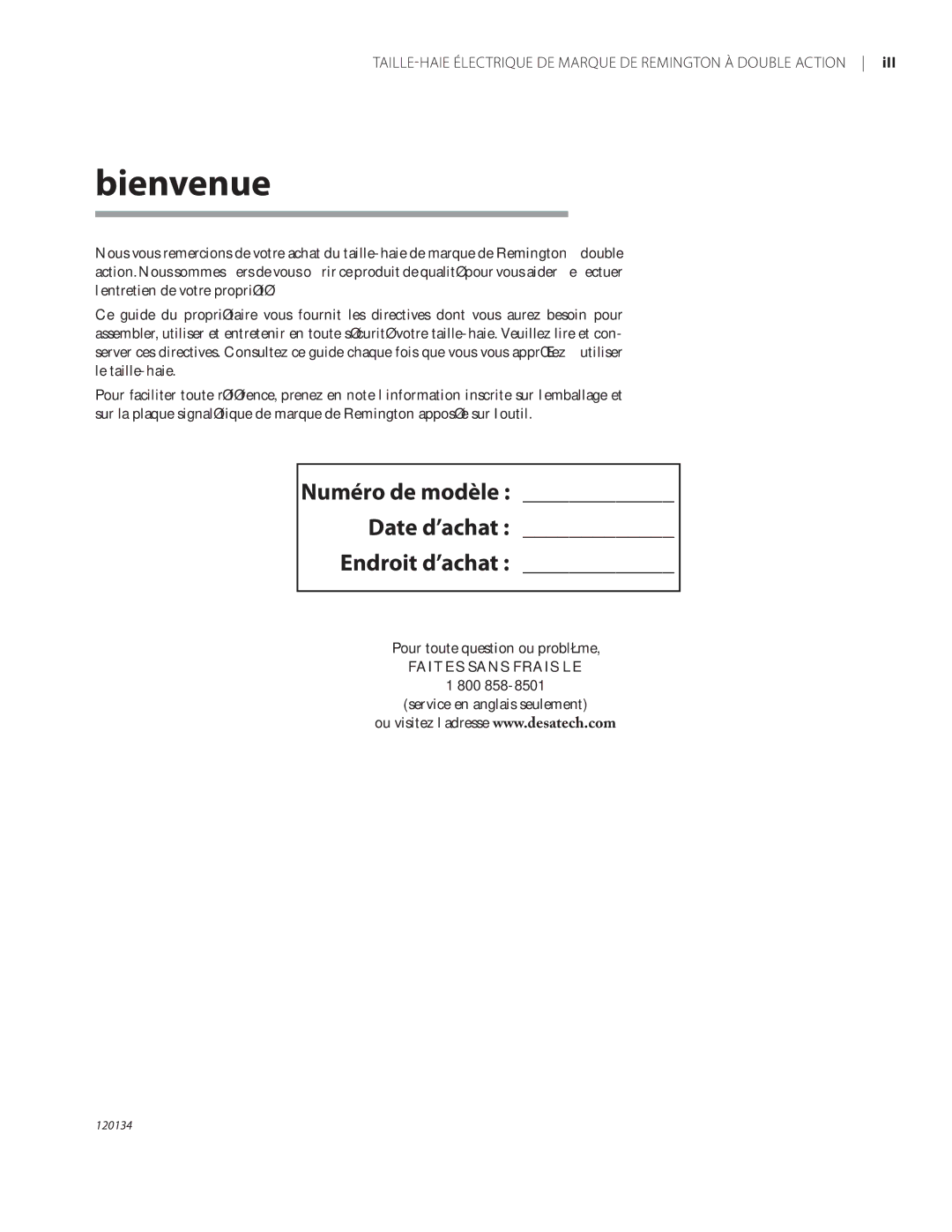 Remington Power Tools HT5024PHT owner manual Bienvenue, Numéro de modèle Date d’achat Endroit d’achat 