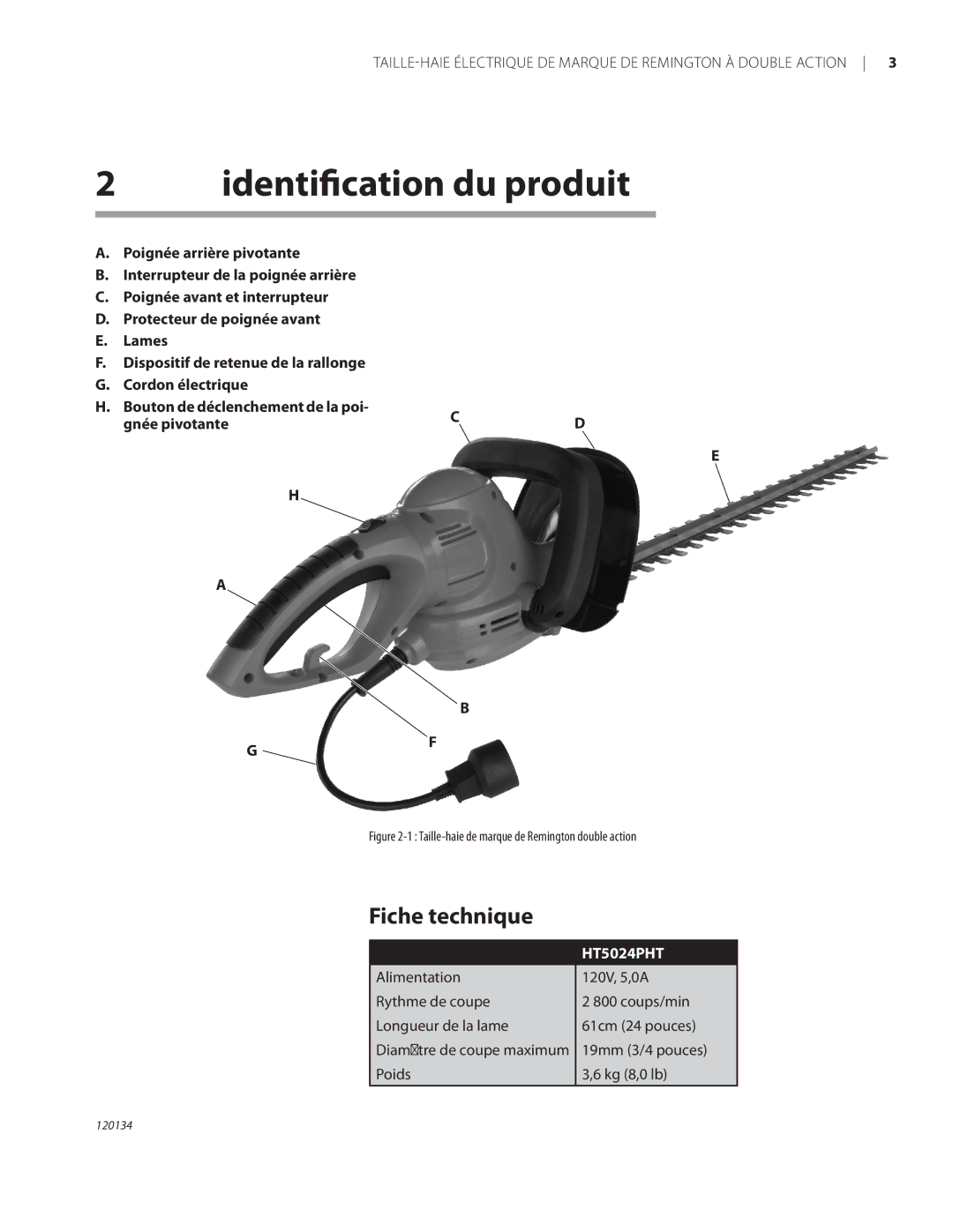 Remington Power Tools HT5024PHT owner manual Identification du produit, Fiche technique 