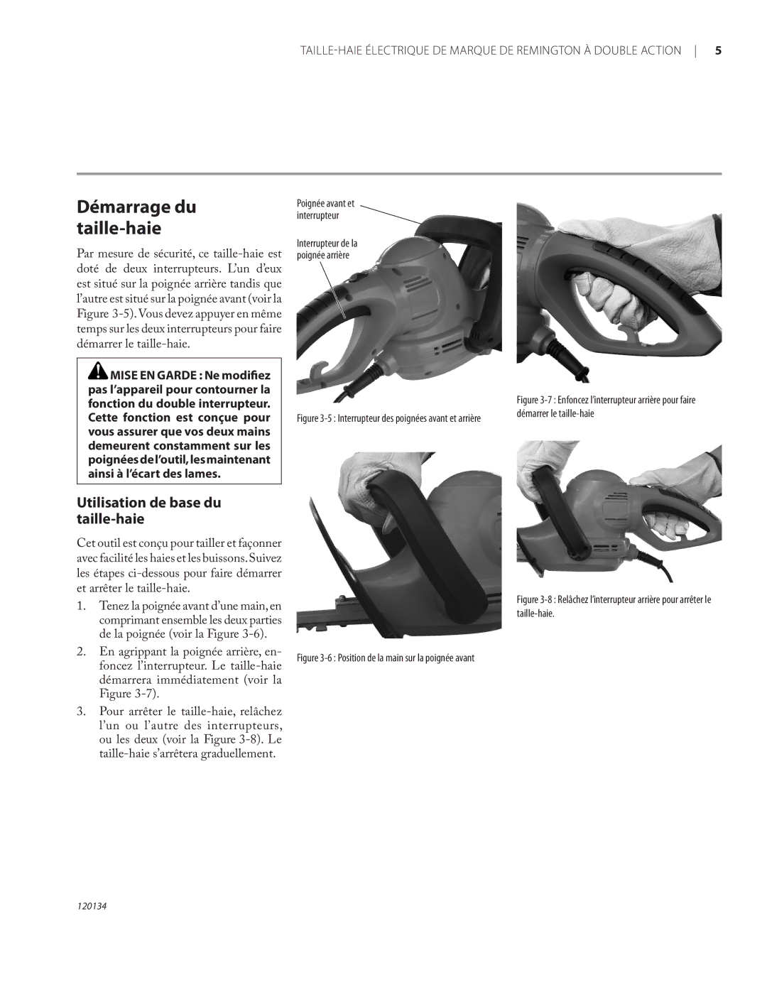 Remington Power Tools HT5024PHT owner manual Démarrage du taille‑haie, Utilisation de base du taille‑haie 