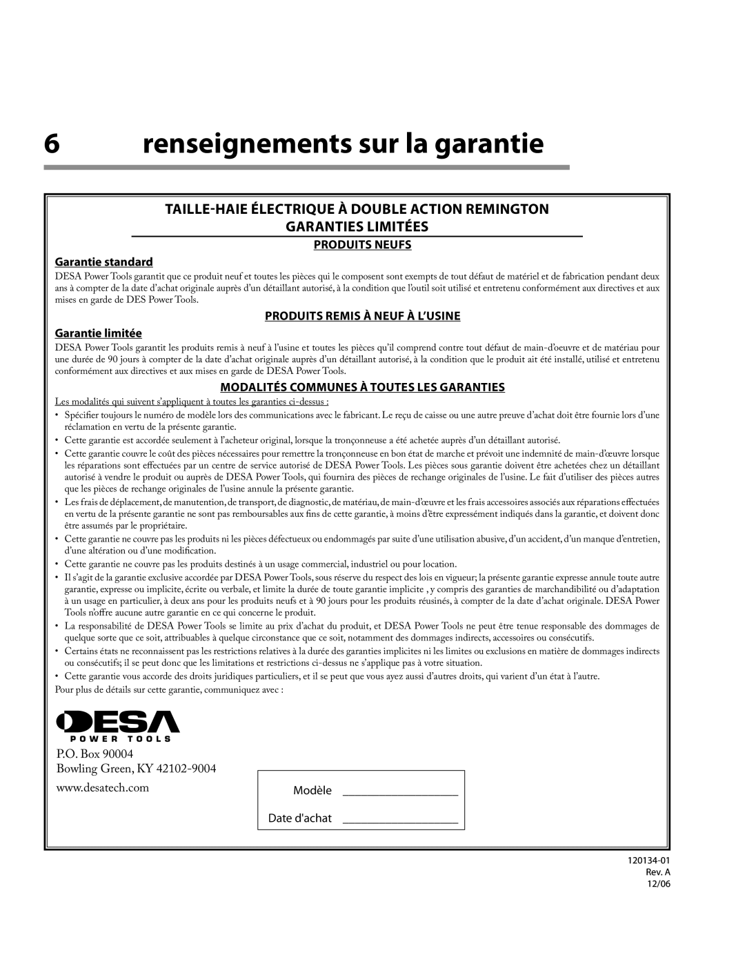 Remington Power Tools HT5024PHT owner manual Renseignements sur la garantie, Produits Neufs 