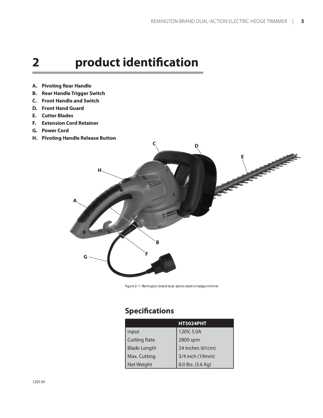 Remington Power Tools HT5024PHT owner manual Product identification, Specifications 