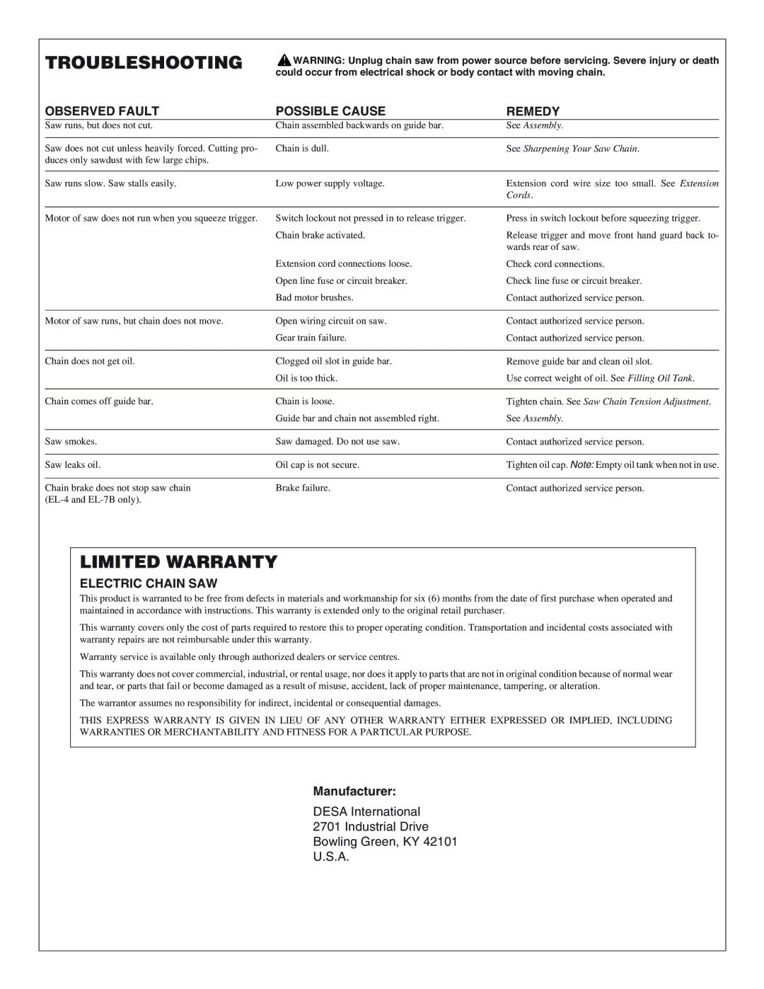 Remington Power Tools LNT-2, EL-4, EL-7B, EL-3, EL-7 owner manual Troubleshooting, Limited Warranty, Electric Chain SAW 