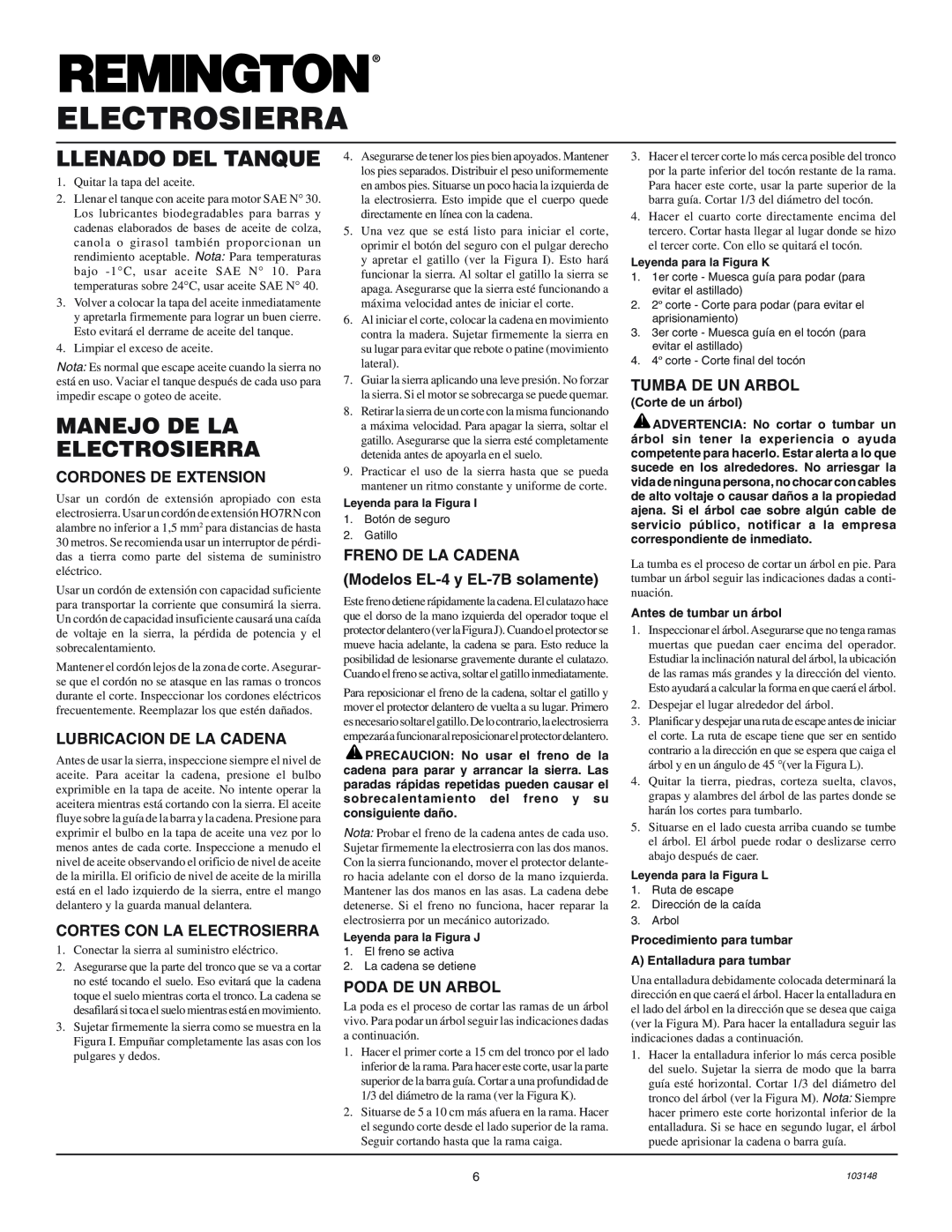 Remington Power Tools LNT-2, EL-4, EL-7B, EL-3, EL-7 Llenado Del Tanque, Manejo De La Electrosierra, Cordones De Extension 