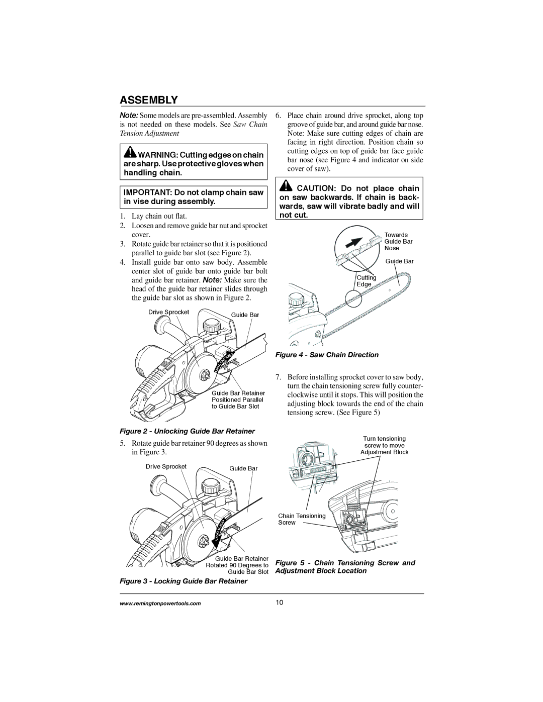 Remington Power Tools M30016US, M30016AS, M15014AS Assembly, Important Do not clamp chain saw in vise during assembly 