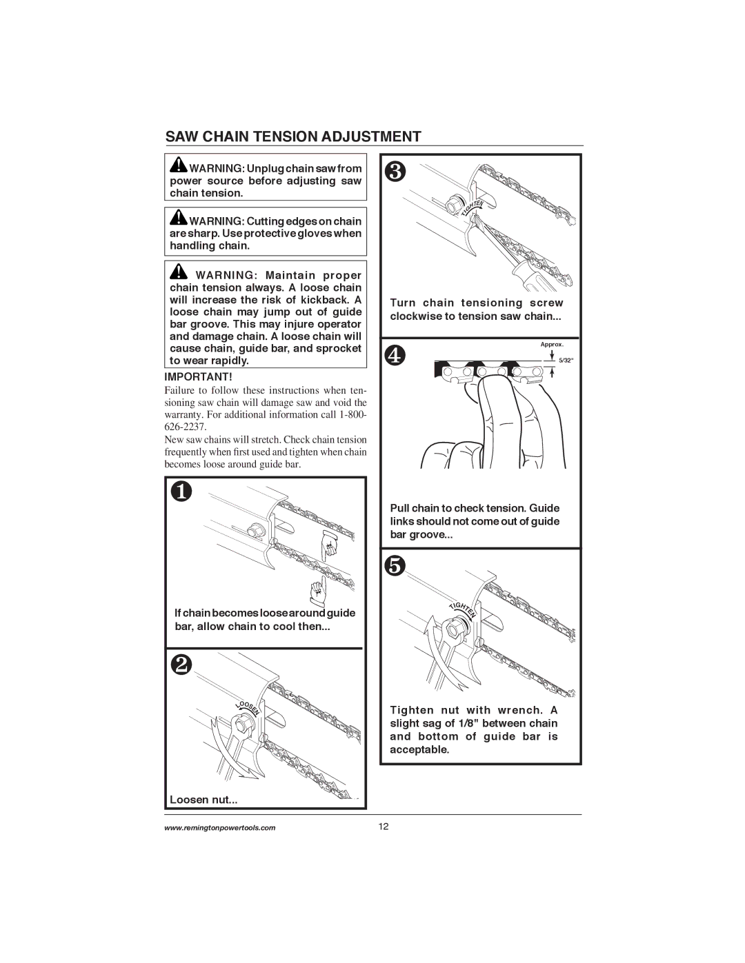 Remington Power Tools M30016AS, M15014AS, M15012US SAW Chain Tension Adjustment, Bar, allow chain to cool then, Loosen nut 