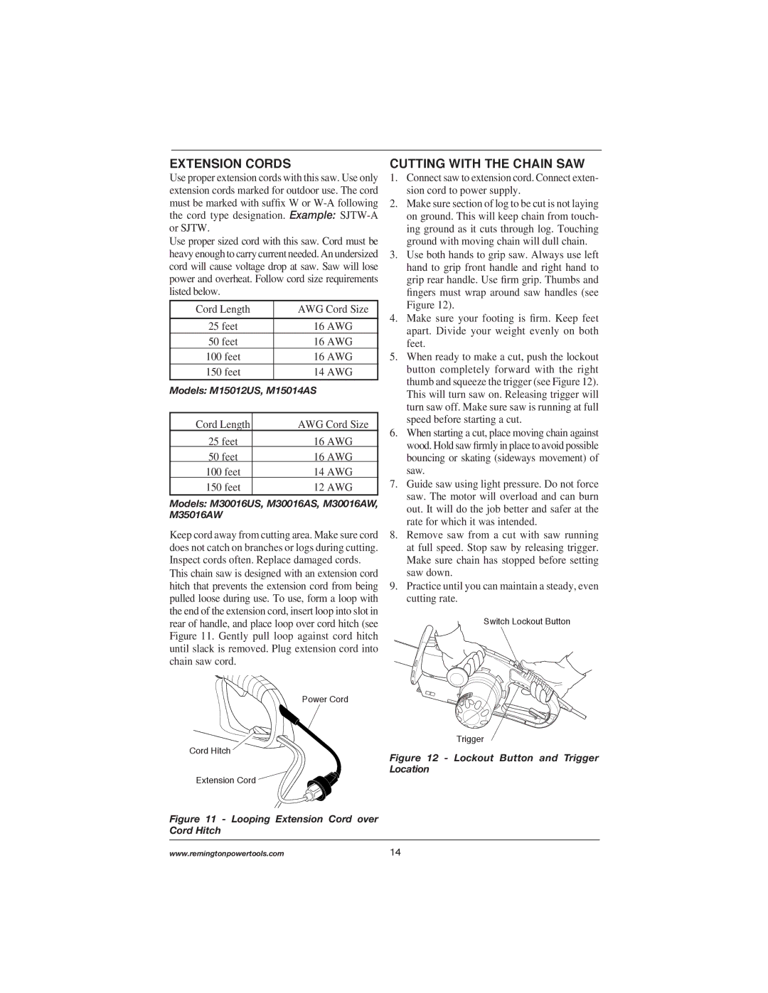 Remington Power Tools M15012US, M30016AS, M15014AS Extension Cords, Cutting with the Chain SAW, Cord Length AWG Cord Size 