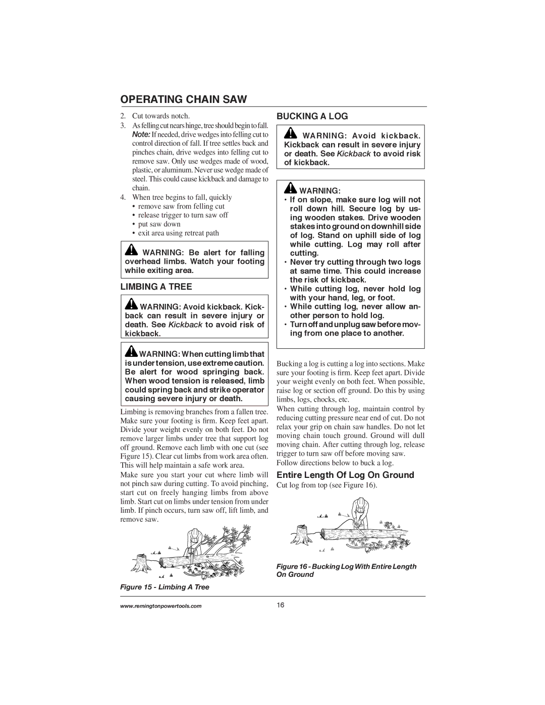 Remington Power Tools M30016US, M30016AS, M15014AS, M15012US Limbing a Tree, Bucking a LOG, Entire Length Of Log On Ground 