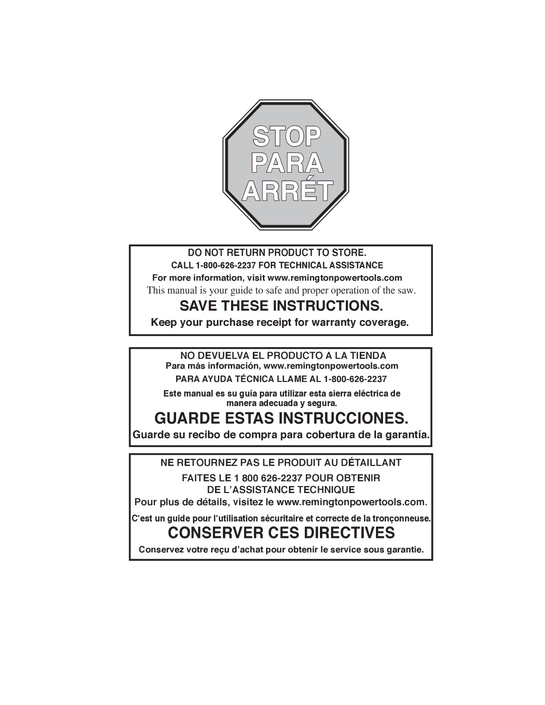 Remington Power Tools M15012US, M30016AS, M15014AS, M35016AW Stop Para Arrét, Call 1-800-626-2237 for Technical Assistance 