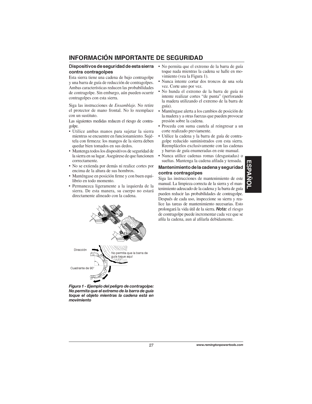 Remington Power Tools M35016AW, M30016AS, M15014AS, M15012US Dispositivos de seguridad de esta sierra contra contragolpes 