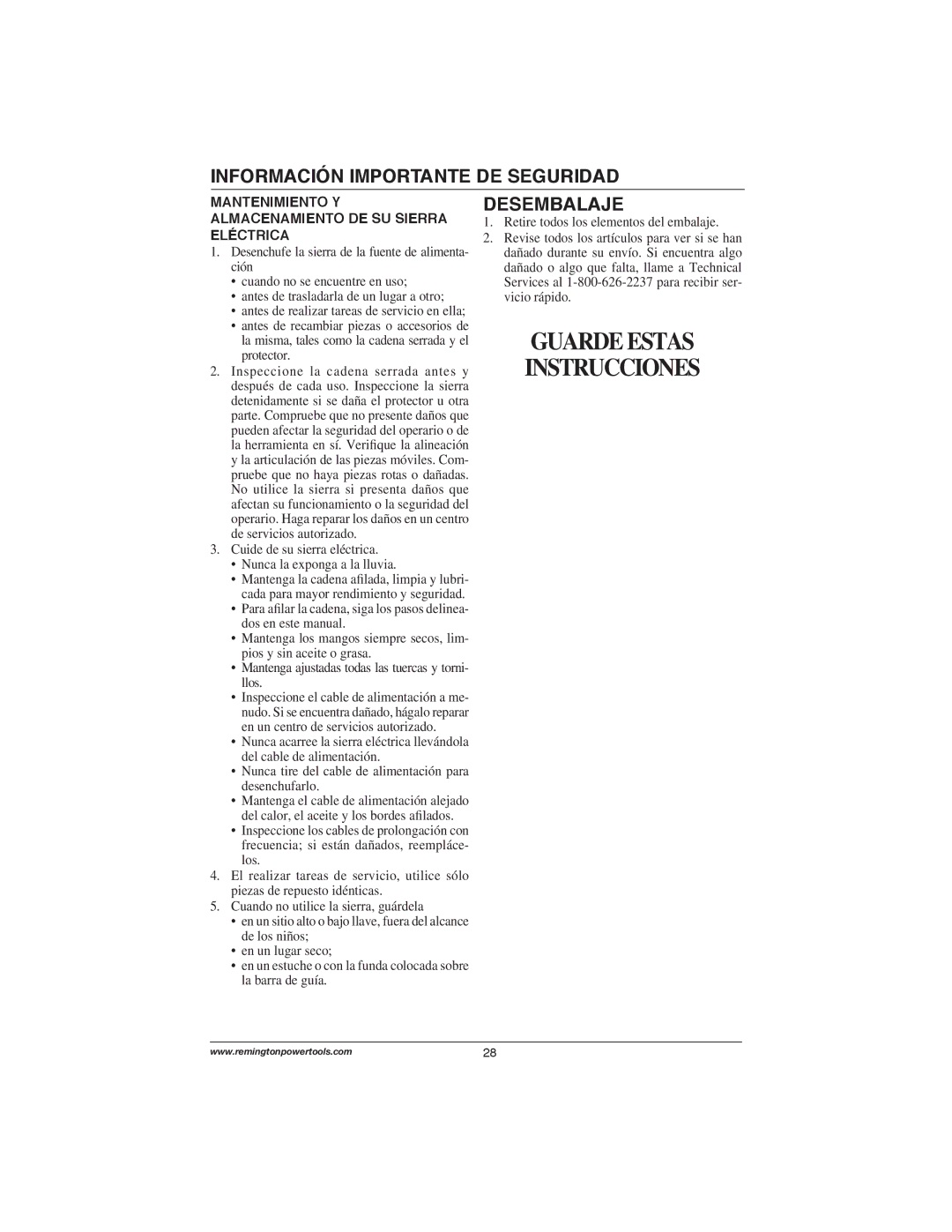 Remington Power Tools M30016US, M30016AS, M15014AS Desembalaje, Mantenimiento Y Almacenamiento DE SU Sierra Eléctrica 