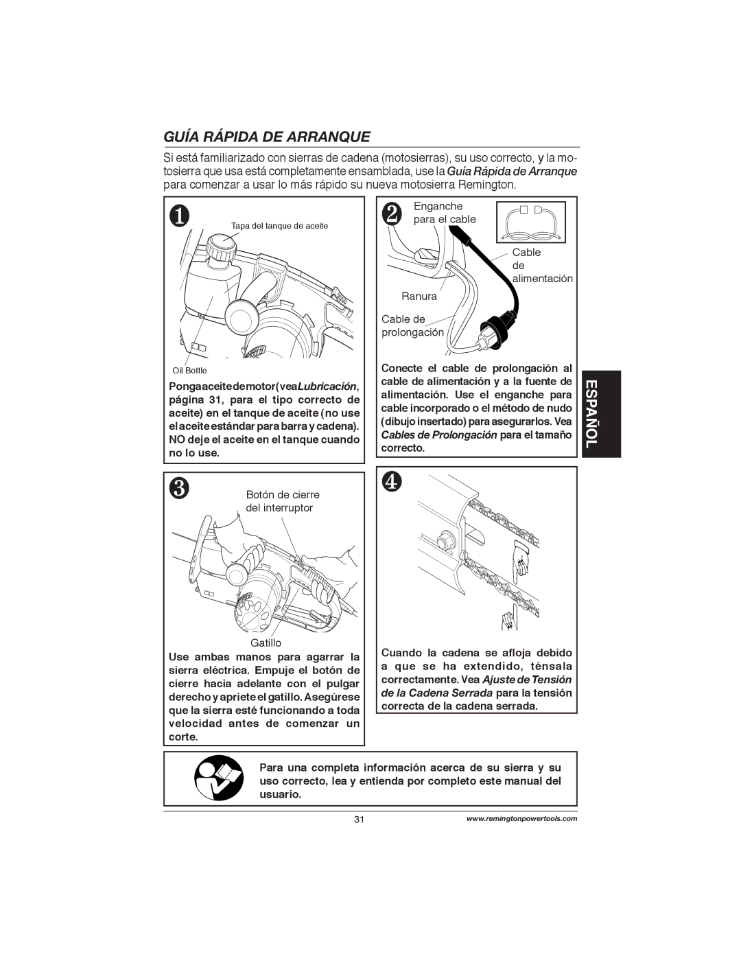 Remington Power Tools M15014AS, M30016AS, M15012US, M35016AW, M30016US, M30016AW owner manual Guía Rápida DE Arranque 