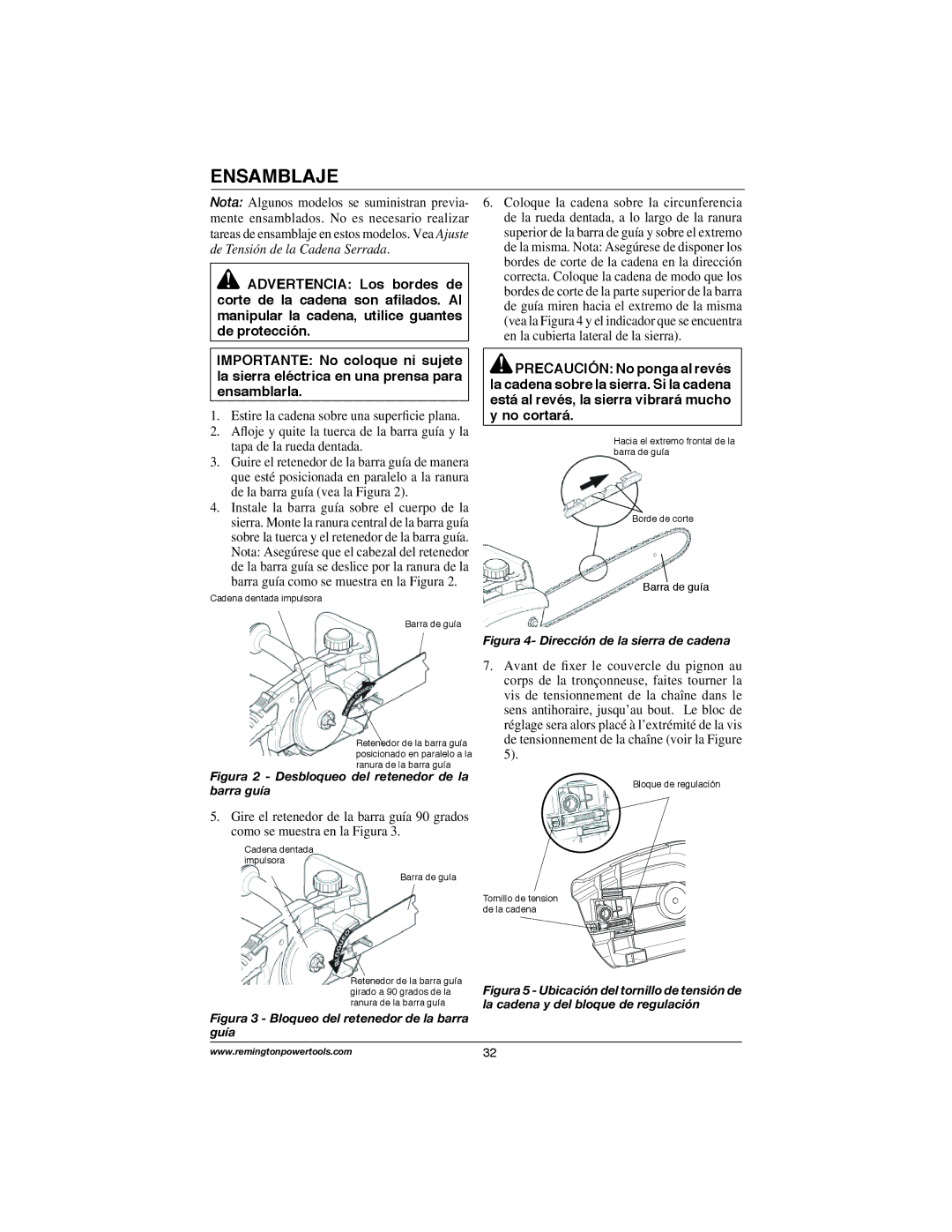 Remington Power Tools M15012US, M30016AS, M15014AS, M35016AW Ensamblaje, Figura 2 Desbloqueo del retenedor de la barra guía 