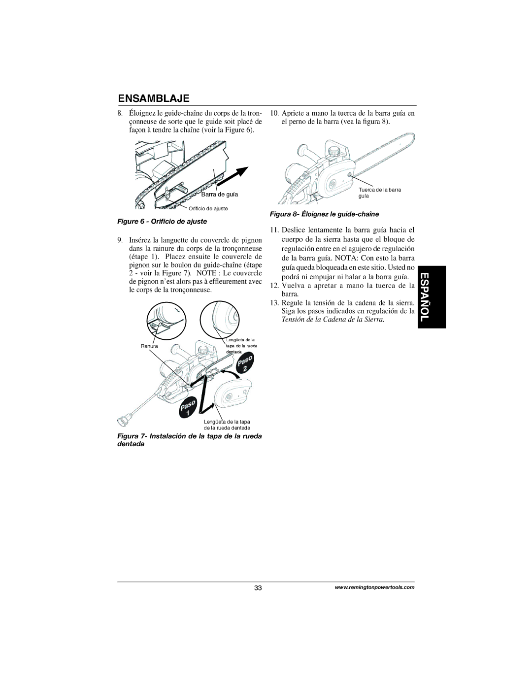 Remington Power Tools M35016AW, M30016AS, M15014AS, M15012US, M30016US Podrá ni empujar ni halar a la barra guía, Barra 