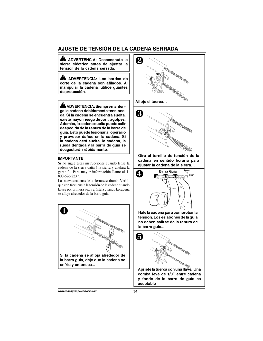 Remington Power Tools M30016US, M30016AS, M15014AS, M15012US, M35016AW Ajuste DE Tensión DE LA Cadena Serrada, Importante 