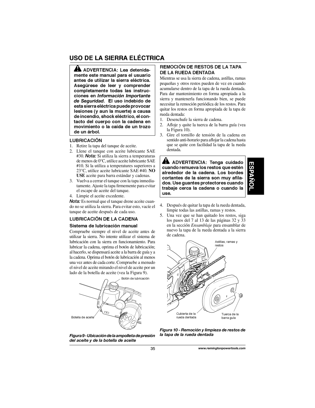 Remington Power Tools M30016AW, M30016AS, M15014AS, M15012US USO DE LA Sierra Eléctrica, Lubricación DE LA Cadena 