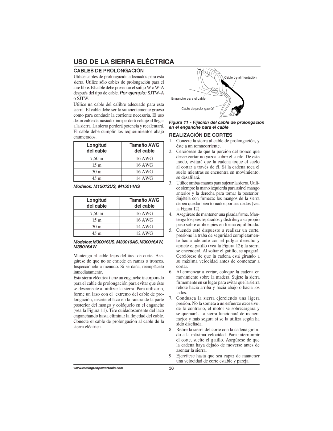 Remington Power Tools M30016AS, M15014AS, M15012US Cables DE Prolongación, Longitud Tamaño AWG, Realización DE Cortes 