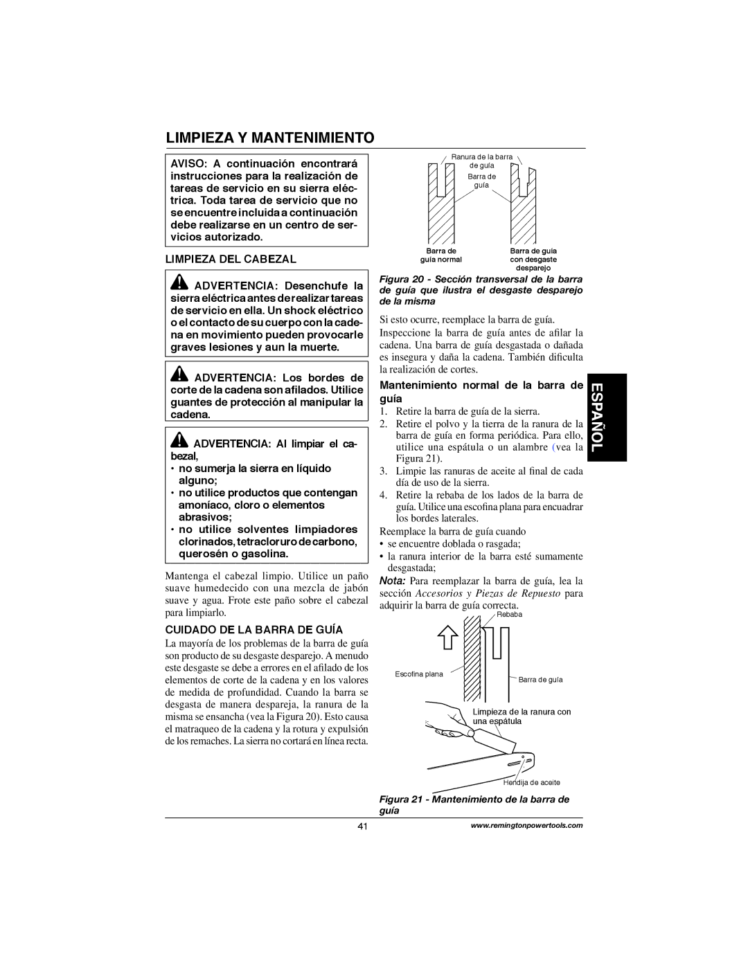 Remington Power Tools M30016AW, M30016AS Limpieza Y Mantenimiento, Limpieza DEL Cabezal, Cuidado DE LA Barra DE Guía 