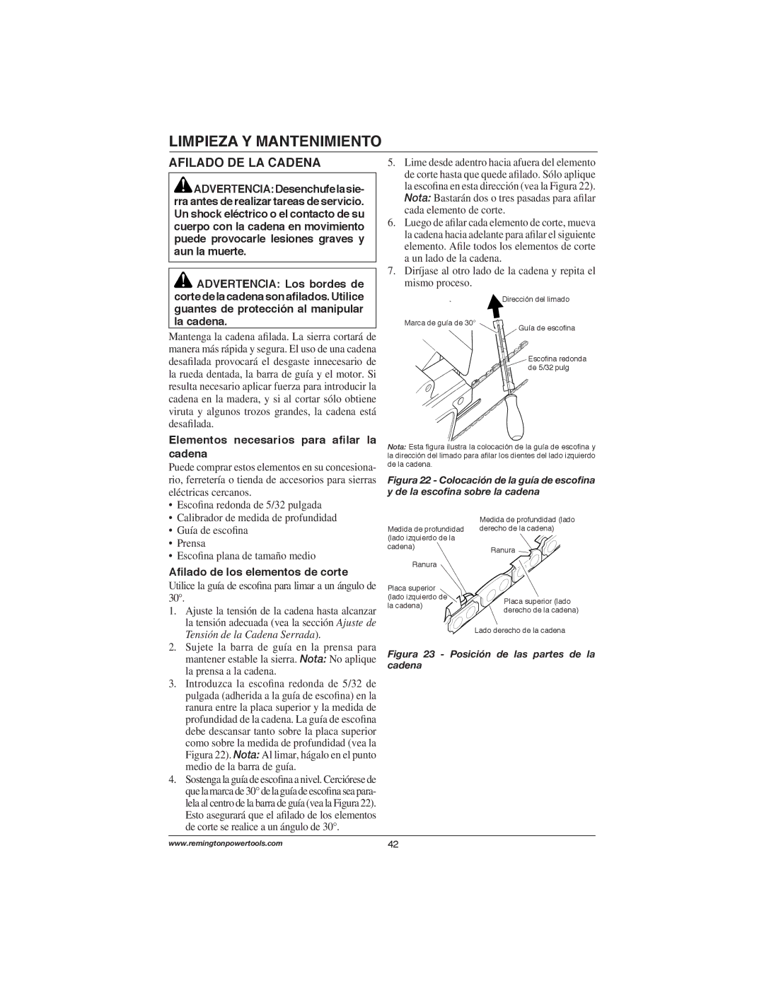 Remington Power Tools M30016AS, M15014AS, M15012US, M35016AW Afilado DE LA Cadena, Elementos necesarios para aﬁlar la cadena 