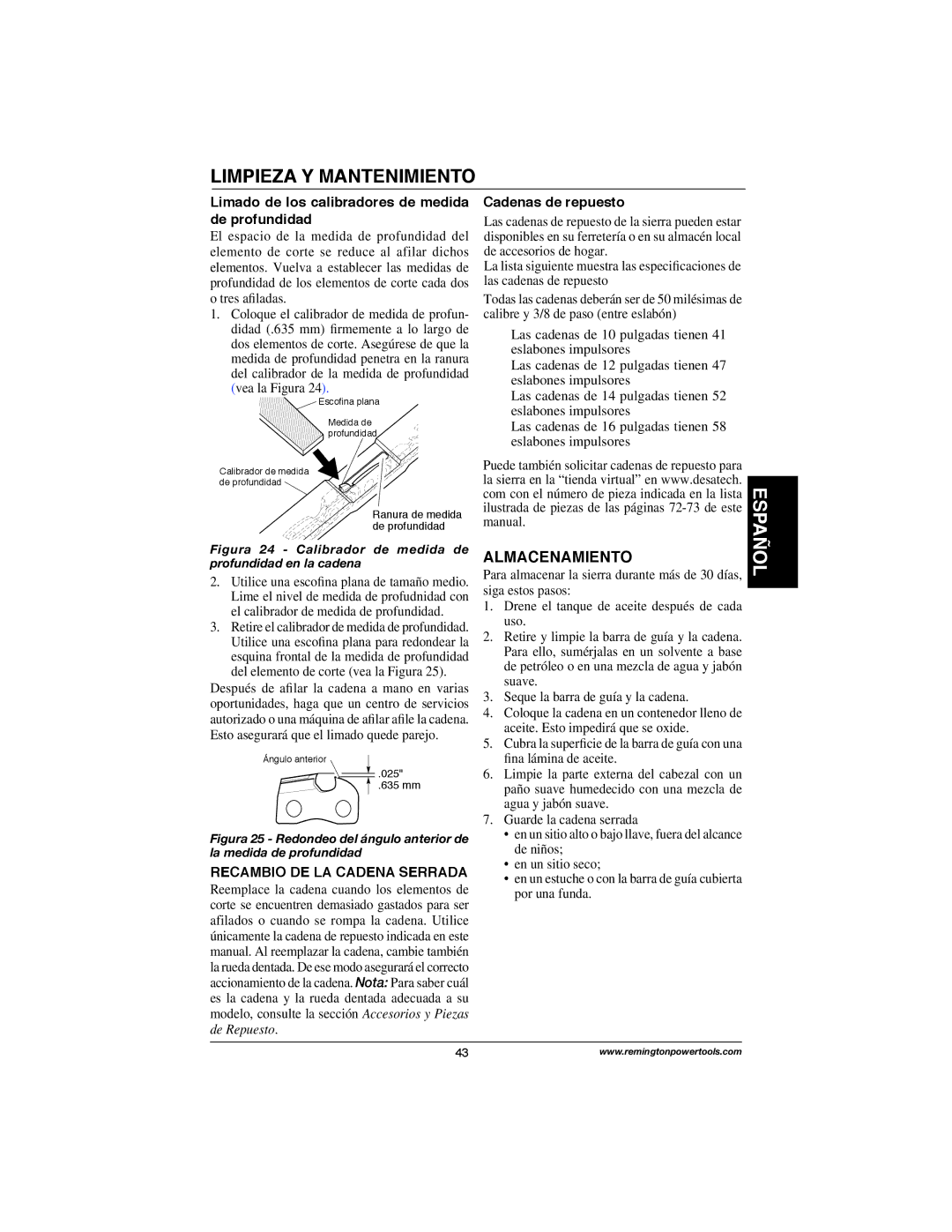 Remington Power Tools M15014AS Almacenamiento, Limado de los calibradores de medida de profundidad, Vea la Figura 