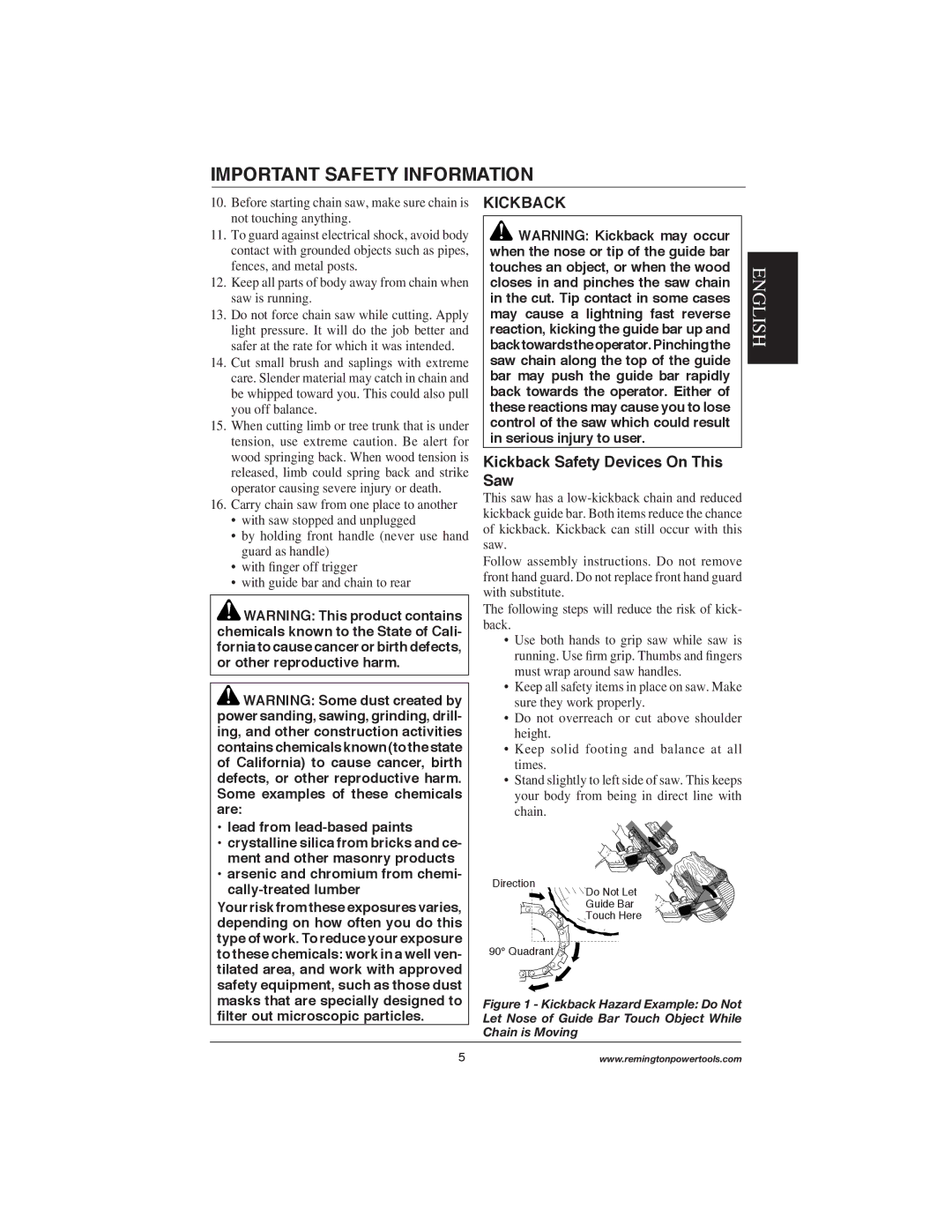 Remington Power Tools M30016AW, M30016AS, M15014AS Kickback Safety Devices On This Saw, Lead from lead-based paints 